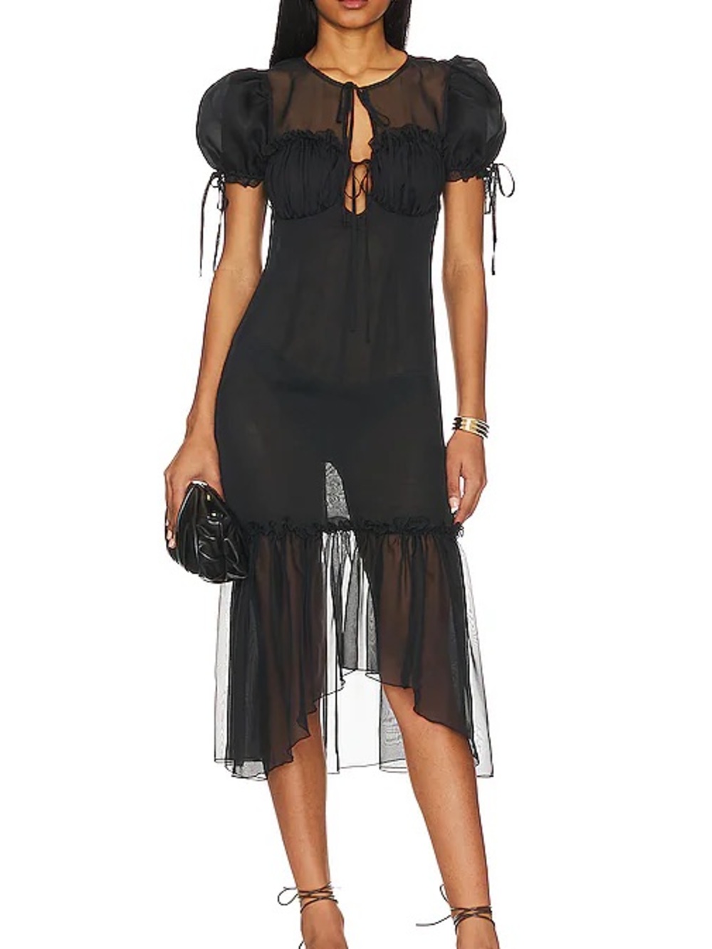 LPA Black Sheer Puff-Sleeve High-Low Midi Dress